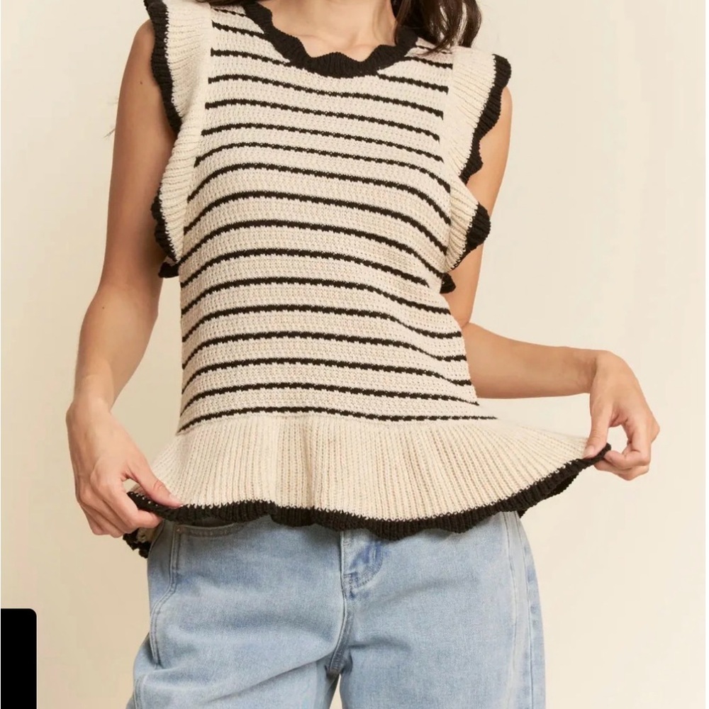 Trendy Ruffle Sleeves Peplum Stripe Knit Sweater Beige and Black womens Large​